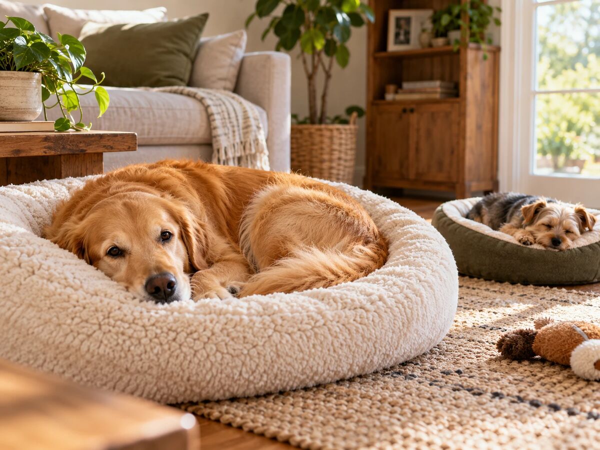 A golden retriever and a small terrier napping on cozy dog beds in a sunny living room